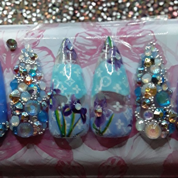 Handmade Hard Gel XL Stiletto "Louie Vuitton" Theme Luxury & Floral Style Press - Picture 5 of 10